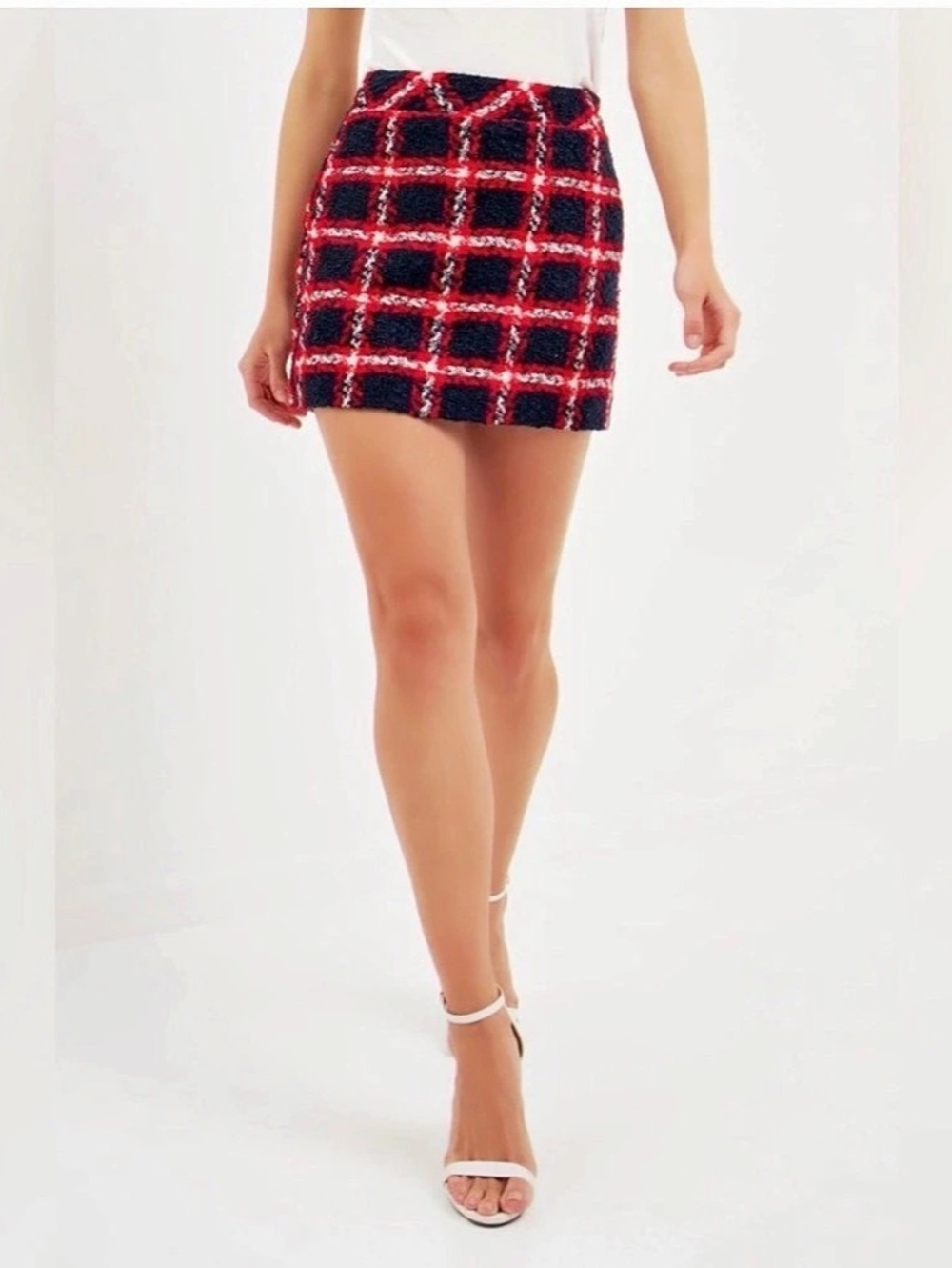 English Factory Red Navy Check Boucle Mini Skirt Small Ole Miss ❤️💙